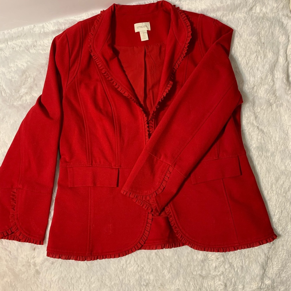 Chicos red ruffle blazer size 2